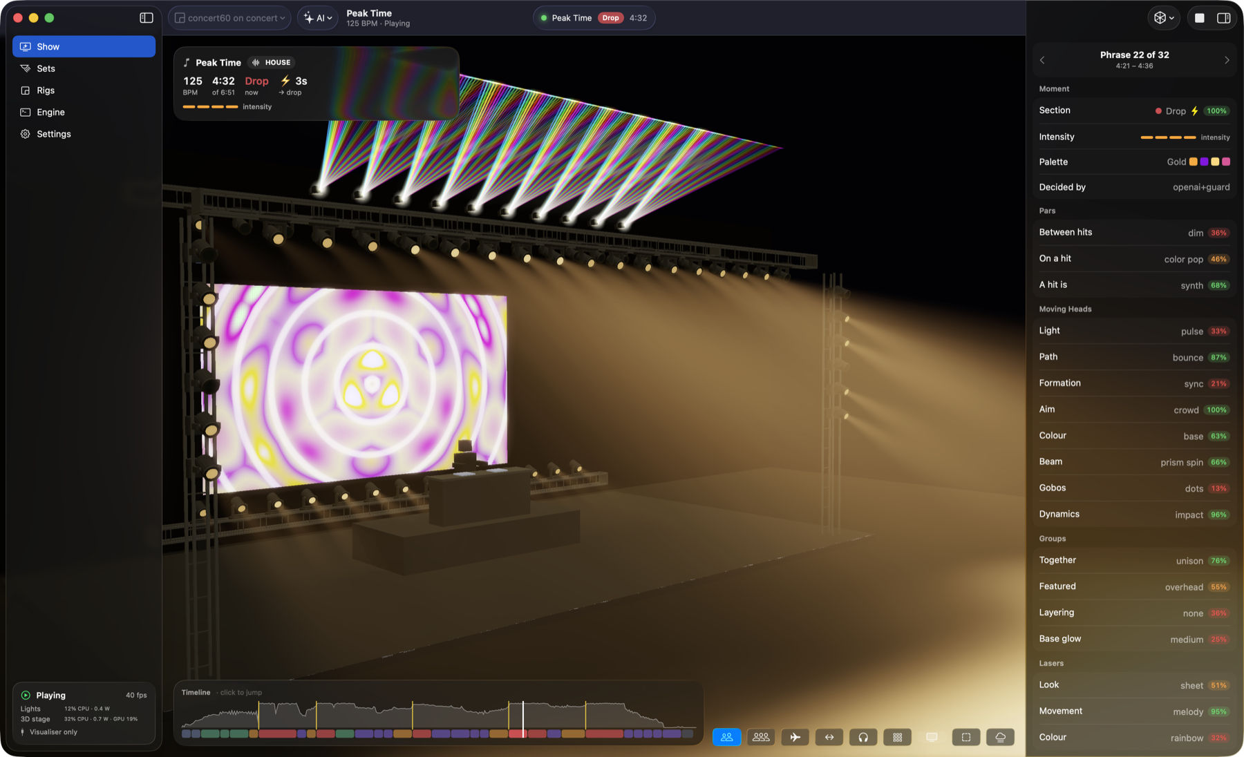 Amadeus DMX on macOS: a concert stage with moving heads, lasers and the director’s choices